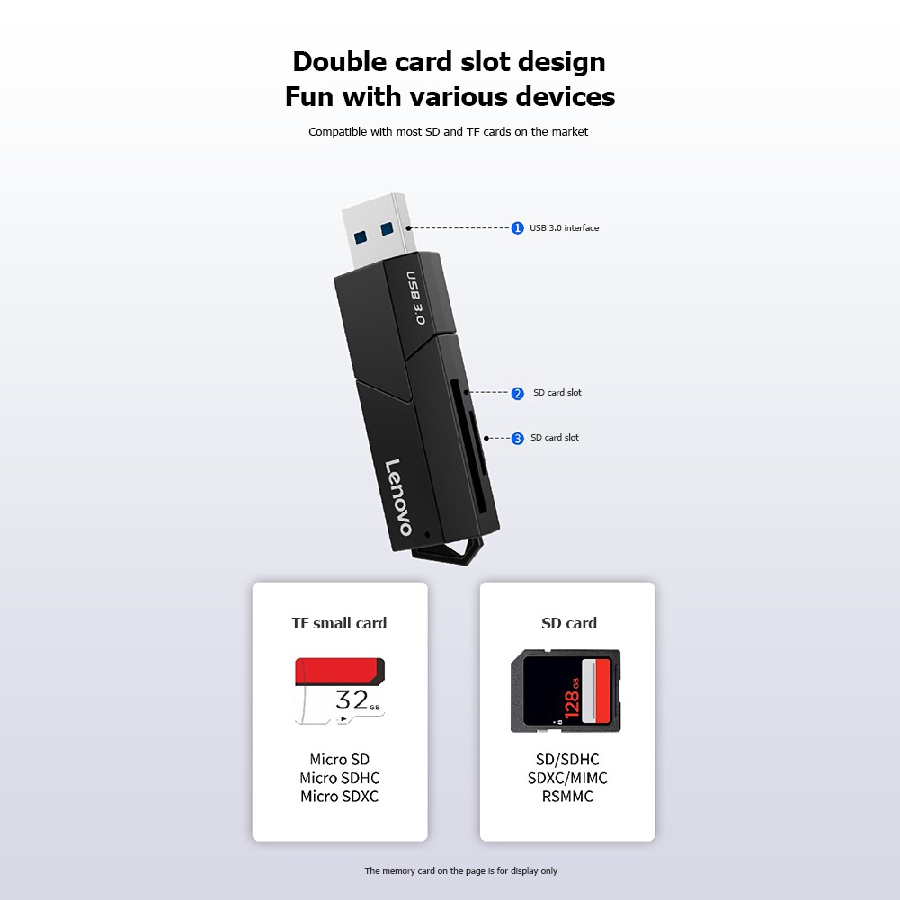 Lenovo Đầu Đọc Thẻ Nhớ 5Gbps USB 3.0 2 Trong 1 Tốc Độ Cao Hỗ Trợ 2TB