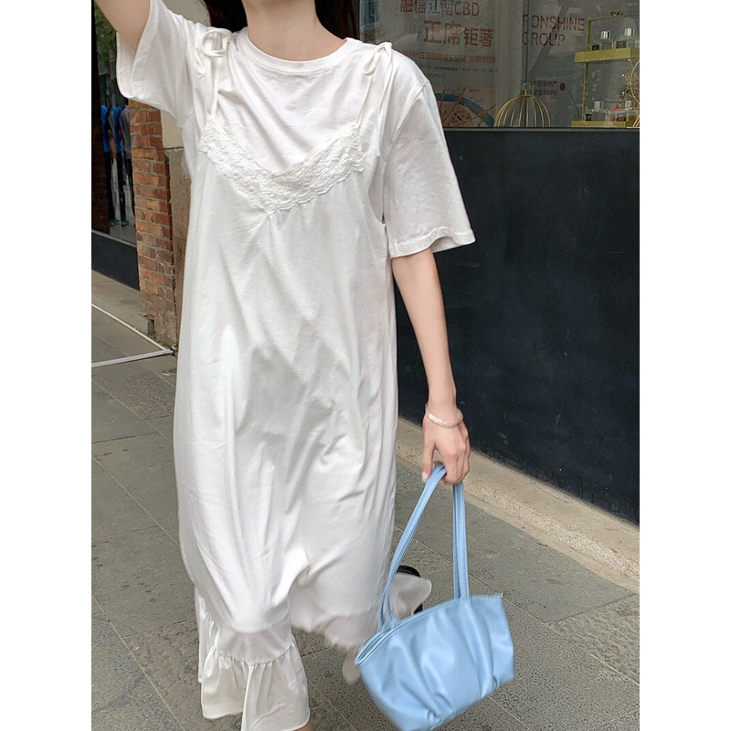 Set Váy Suông Dệt Kim Xếp Tầng Màu Xanh Sữa + Đường Khâu Ren Nhẹ Nhàng