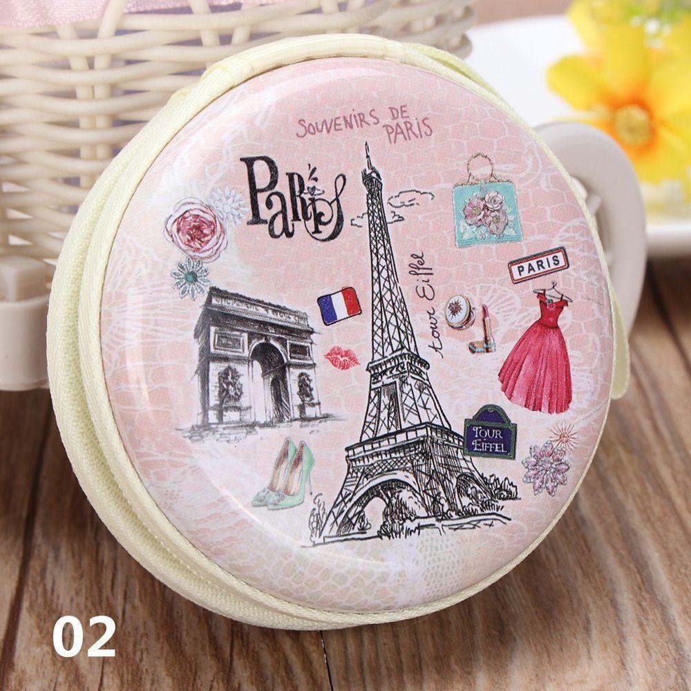 Túi Đựng Tai Nghe / Chìa Khóa Hình Tròn In Họa Tiết Tháp Paris Hoạt Hình Dễ Thương Thời Trang