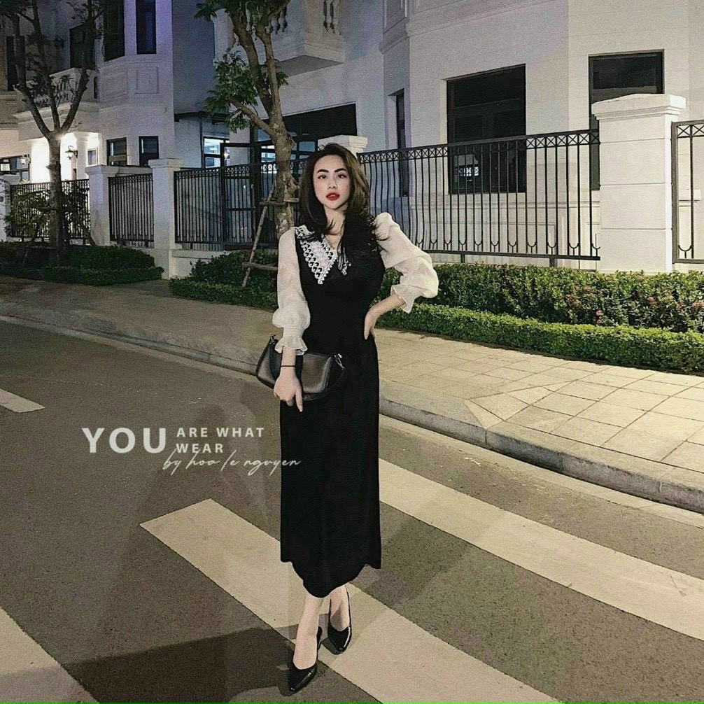 Đầm Midi phối tay voan sang chảnh thanh lịch nhung đen PHS1477