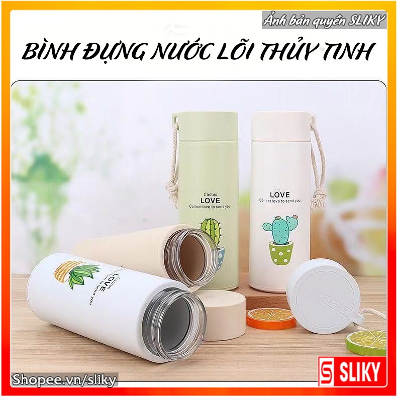 Bình nước in hình xương rồng 450ml lõi thủy tinh bọc vỏ nhựa lúa mạch có dây sách (GIAO MẪU NGẪU NHIÊN)