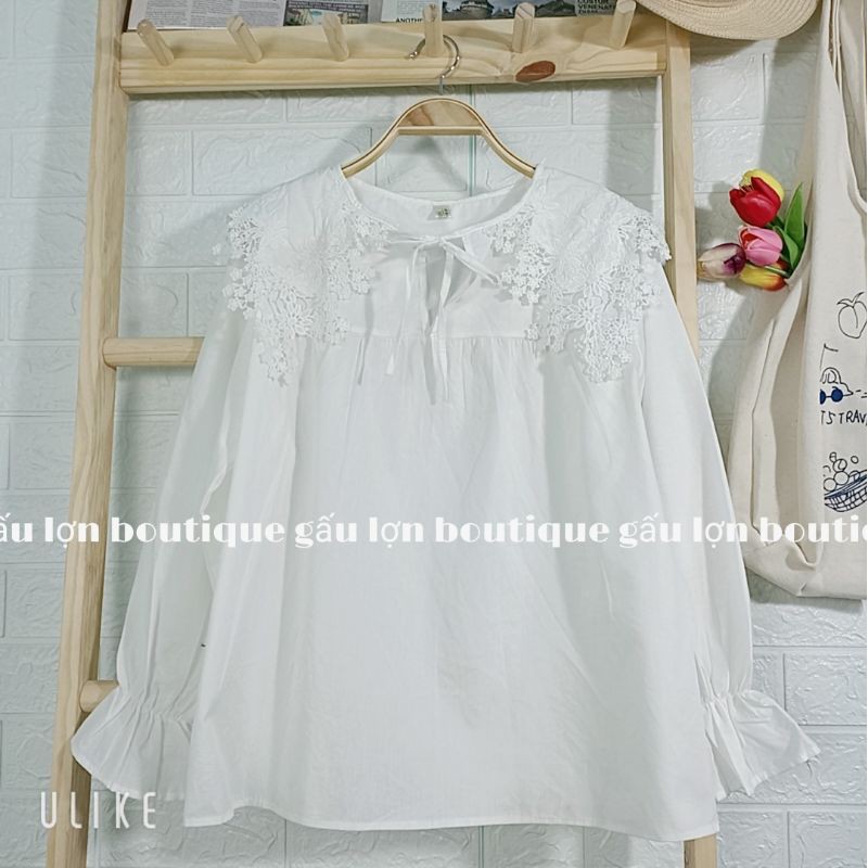 Áo babydoll trắng cổ ren buộc nơ vintage sale