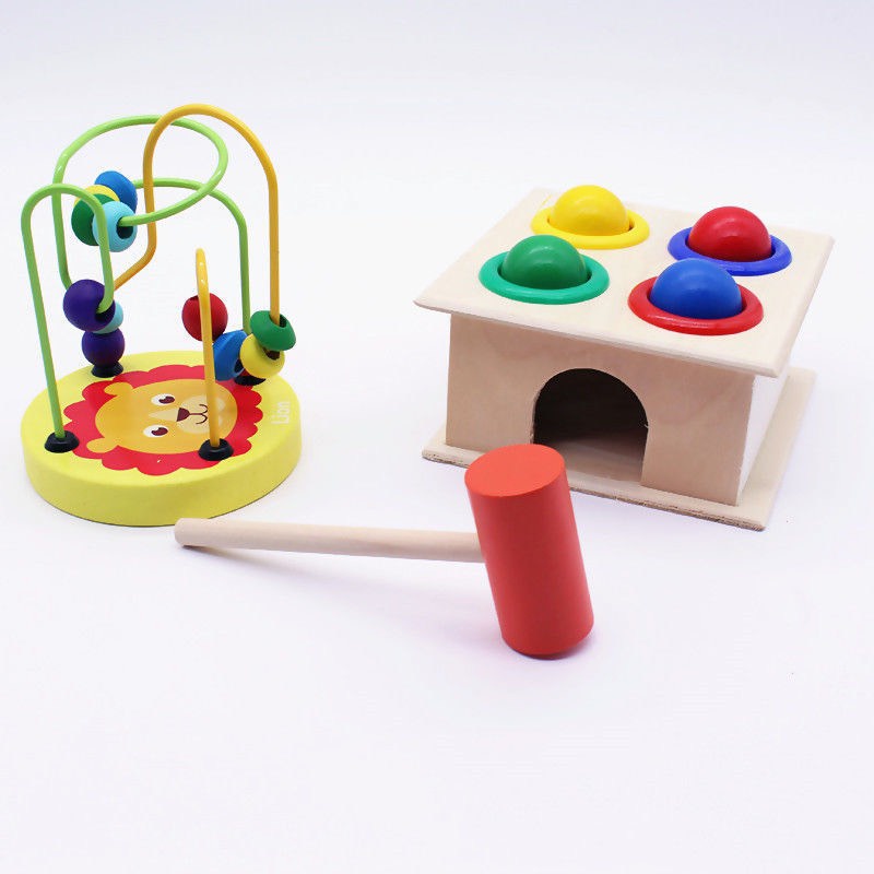 Combo 2 Món Đồ Chơi Gỗ Montessori Luồn Hạt Mini, Đập Bóng Trơn Cho Bé Phát Triển Trí Tuệ
