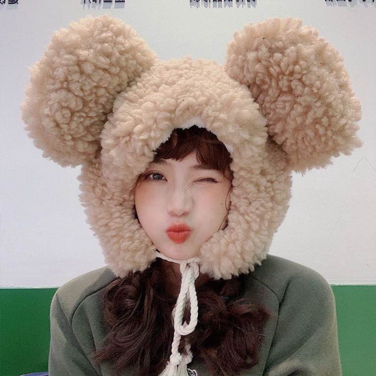 Mũ Lông Cừu Lót nỉ Kèm Tai Siêu Cute Dễ Thương Hàng Quảng Châu Cao Cấp