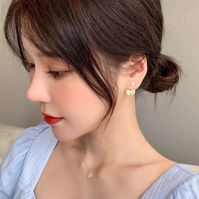 Đôi khuyên tai chốt xỏ bạc S925 mặt nơ đính đá và ngọc trai nhân tạo thời trang cho nữ