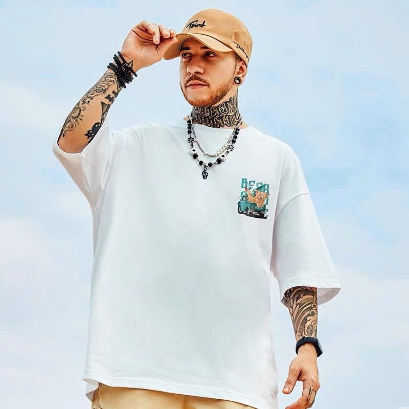 Áo Thun Nam Tay Ngắn Dáng Rộng In Hình Gấu Hoạt Hình Phong Cách Hip Hop Thời Trang Mùa Hè Size M-8XL