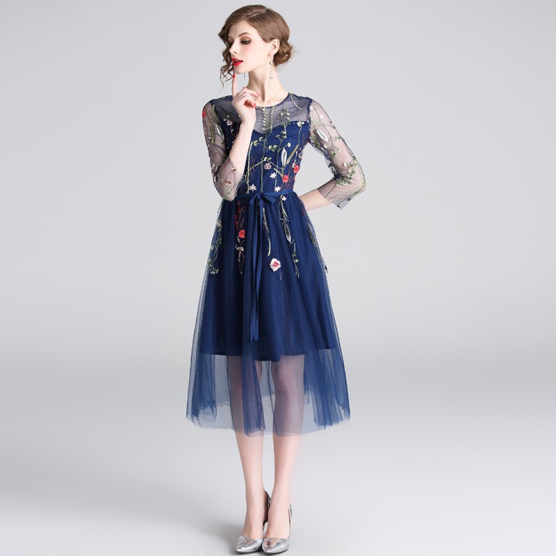 Real Shot Women's High Quality Embroidered Mesh Midi Party Dress | BigBuy360 - bigbuy360.vn