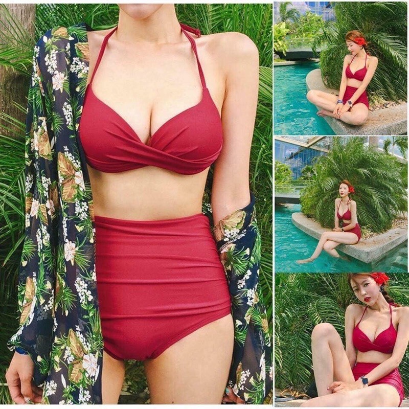 BiKiNi 2 mảnh xoắn ngực quần nhún cạp cao