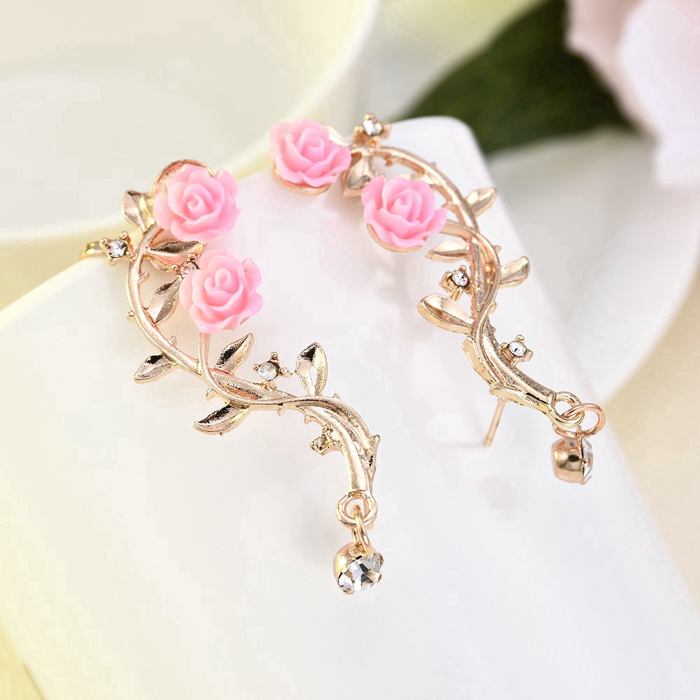 Cod In Stock New Sweet Pink Flower Branch Gold Long Ear Studs Simple Earrings Party Charm Jewelry