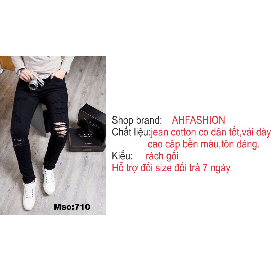 Quần jean nam vá trắng đen rách,chất bò cao cấp in chữ,form dáng skinny mẫu mới AHFASHION