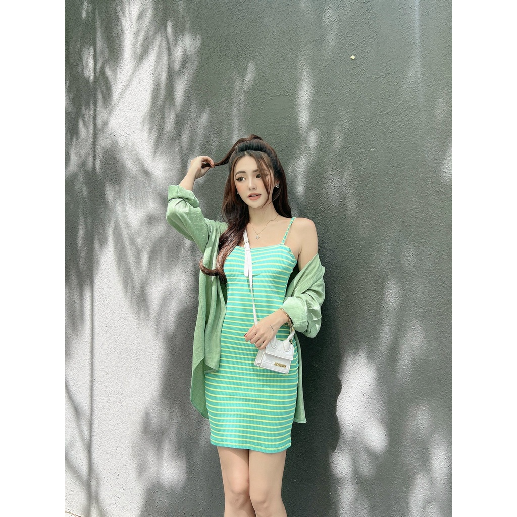 Set sơ mi khoác ngoài + Đầm body sọc 2 Dây DS36 Cin House