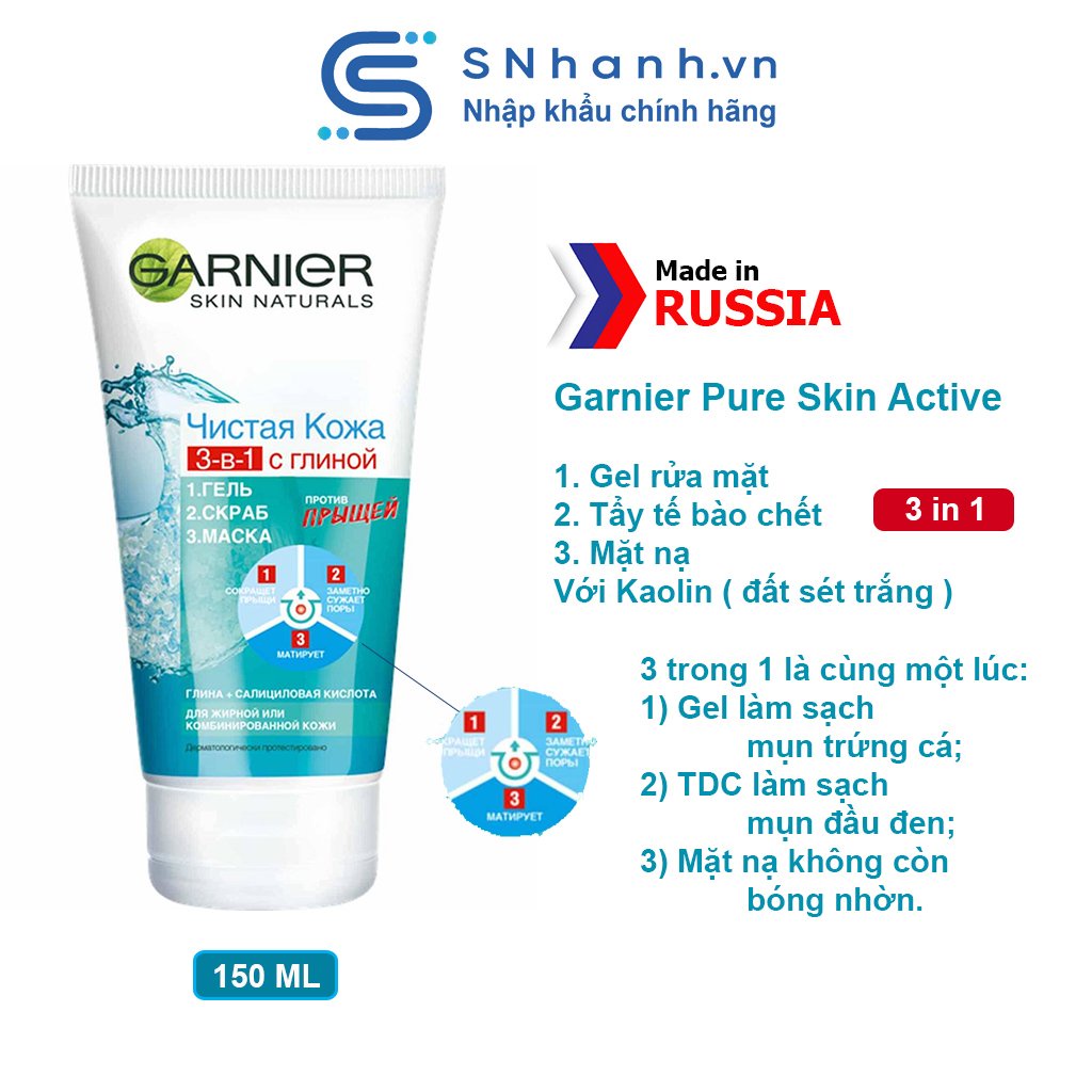 Gel rửa mặt + Tẩy tế bào chết + Mặt nạ 3 trong 1 với đất sét trắng Garnier Pure Skin Active 150 ml