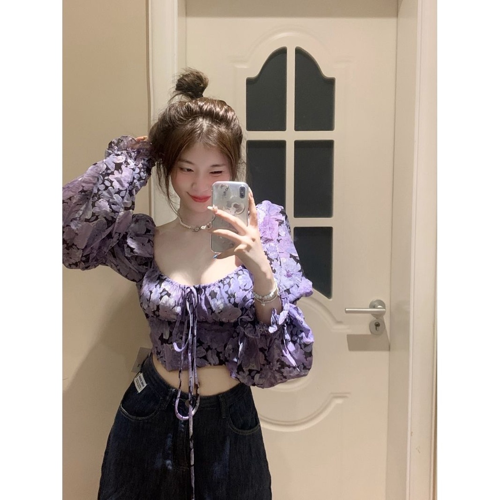 Áo kiểu JSC tay dài hở vai in họa tiết hoa phong cách Pháp thời trang mùa thu cho nữ