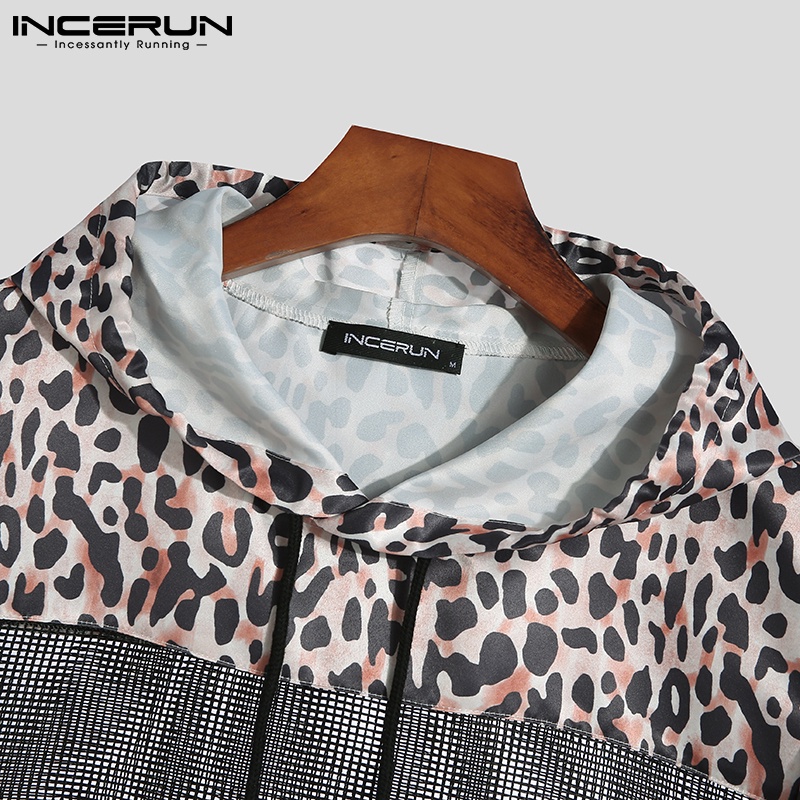 Áo thun vải lưới INCERUN không tay có mũ trùm đầu họa tiết da báo cho nam