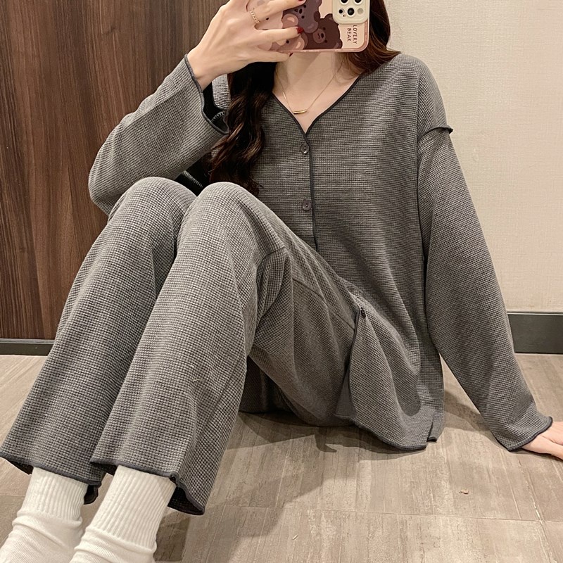Bộ Đồ Ngủ Xuân Thu Hai Mảnh Bằng cotton Tay Dài Kẻ Ô Đơn Giản Thoải Mái Mới