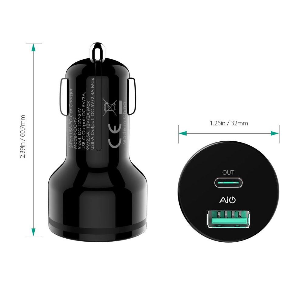 Sạc Ô Tô Aukey 39W 1 Cổng USB Aipower 1 Cổng USB Type C Power Delivery PD 2.0 CC-Y7