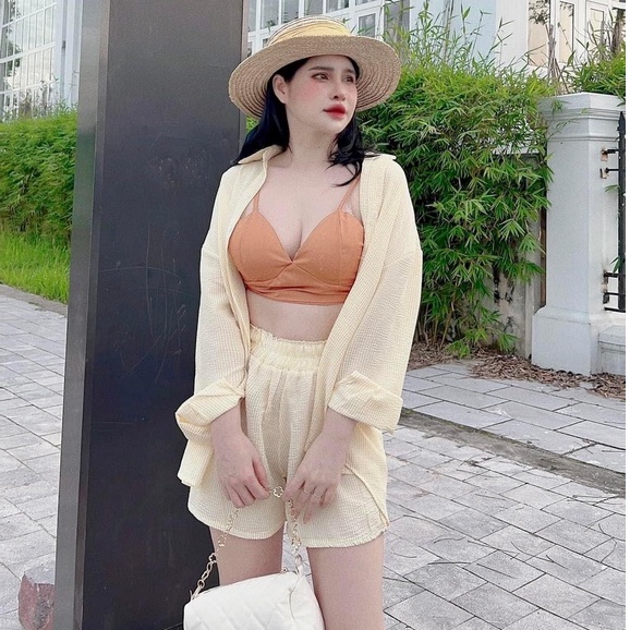 Set 3 món đi biển đũi xốp kẻ thụng áo sơ mi kèm bra mix quần short