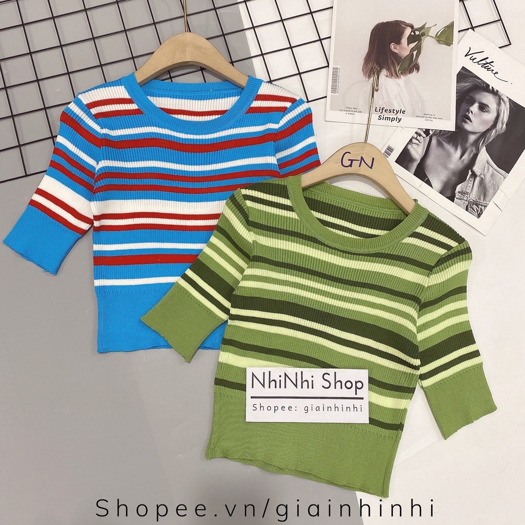 Áo len kẻ phối màu dáng ngắn bo eo cổ tròn tay cộc form croptop AL6014 - NhiNhi Shop