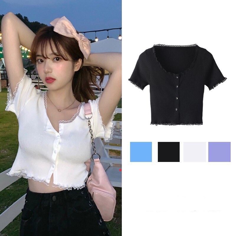 Áo Croptop cổ vuông, viền ren form ôm cực đẹp🍓🍓📸có hình thật tự chụp📸Ôm dáng vải mềm | BigBuy360 - bigbuy360.vn