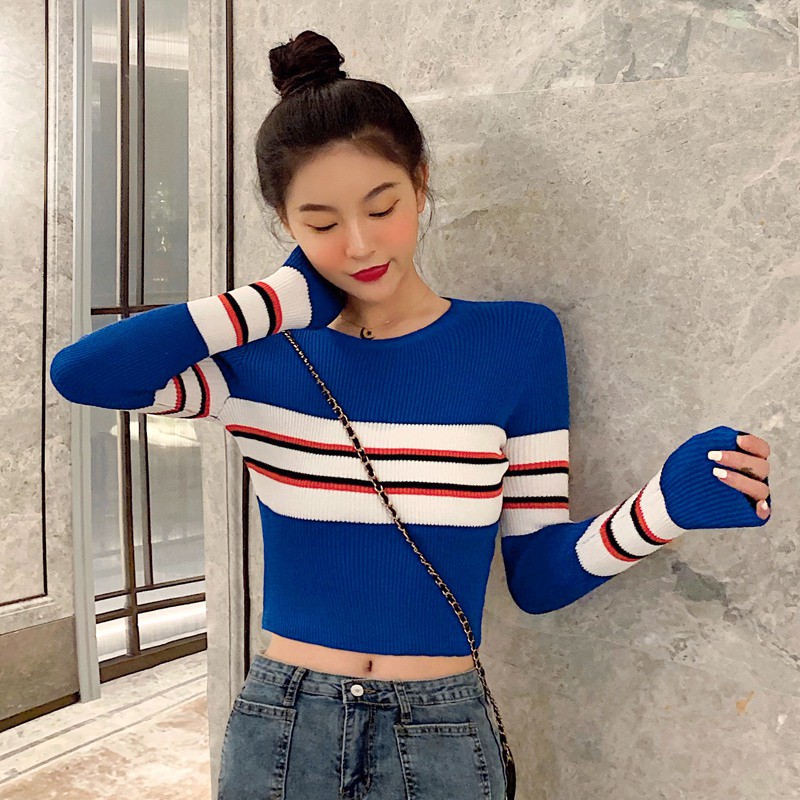 Áo Croptop dệt kim hoạ tiết kẻ sọc phong cách vintage