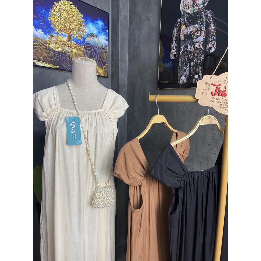 Váy hai dây bản to tay hến vải đũi thấm hút mồ hôi dáng dài maxi 3 màu tôn da, đầm suông tay hến dáng dài