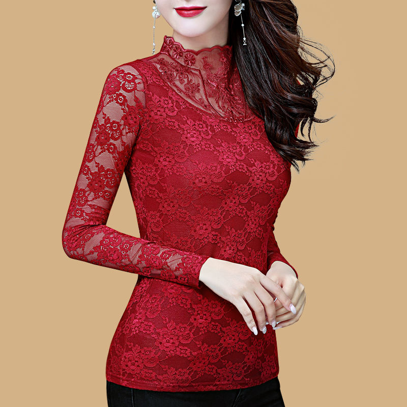 Thin / fleece bottom lace shirt Western style long-sleeved women's shirt Small shirt Spring and Autumn New temperament Big neck Large size Top T-shirt | BigBuy360 - bigbuy360.vn