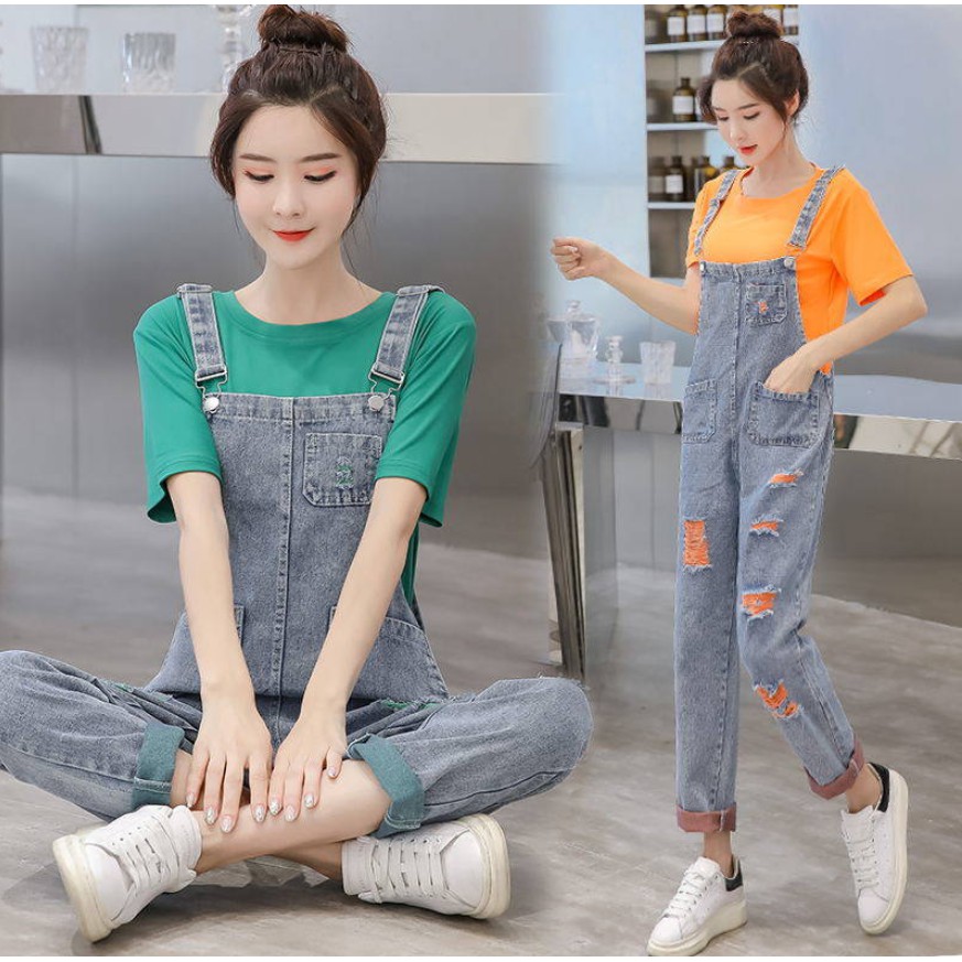 Quần yếm 2 dây ống dài kiểu rách trẻ trung bằng vải denim thời trang Hàn Quốc dành cho nữ