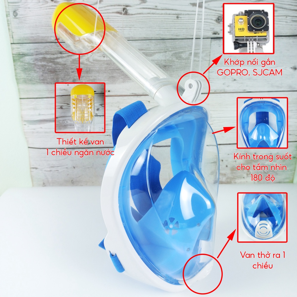 Mặt nạ lặn biển bơi ngắm san hô full face có ống thở ngàm gắn camera hành trình