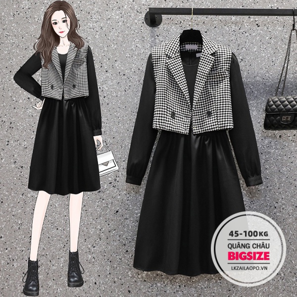 BIGSIZE(45-100KG) Set Bộ đồ nữ đầm chữ A tay dài dáng rộng áo Vest không tay kiểu dáng trẻ trung thanh lịch - Phong cách Hàn Quốc sang chảnh cá tính - quảng châu cao cấp