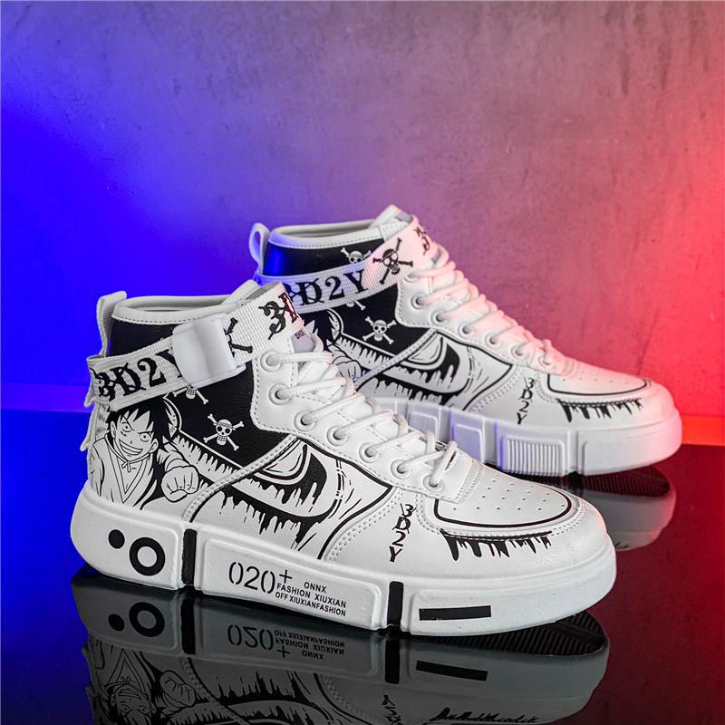 Giày thể thao cổ cao in hình One Piece đen trắng thời trang nam nữ tiện lợi phong cách