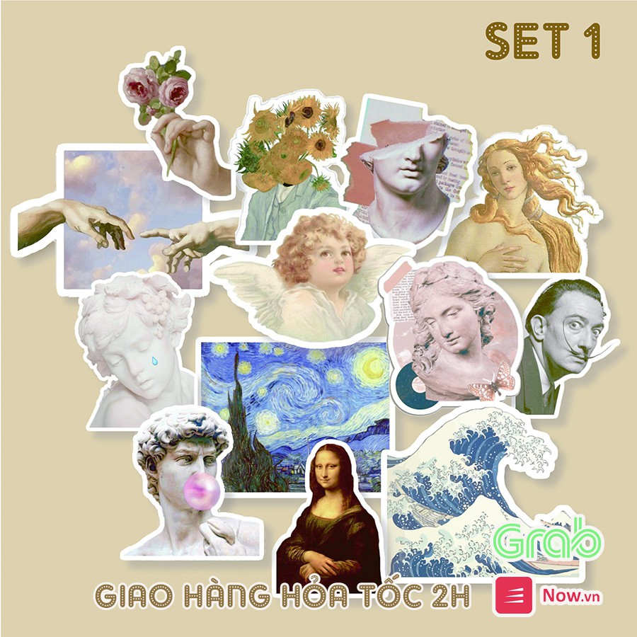 Bộ sticker chống thấm nước trang trí mũ bảo hiểm, laptop chủ đề hội họa cổ điển phong cách vintage classic tranh đêm đầy