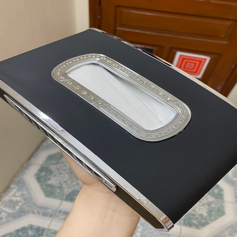 Hộp đựng khăn giấy trên ô tô cao cấp đa chức năng: đựng giấy, đồng hộ, bảng số điện thoại
