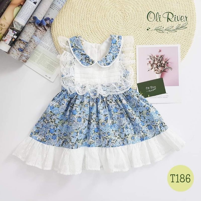 Đầm Váy Ren Hoa Thời Trang Trẻ Em, Phong Cách mùa hè, màu xanh, ảnh giống hình, size từ 8kg đến 35kg