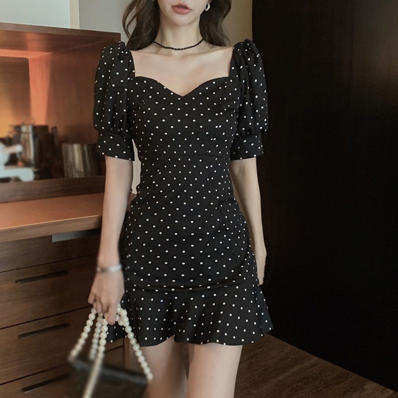 Đầm Tay Ngắn Cổ Vuông Họa Tiết Chấm Bi Phong Cách Hàn Quốc Thời Trang Mùa Hè Xinh Xắn Cho Nữ