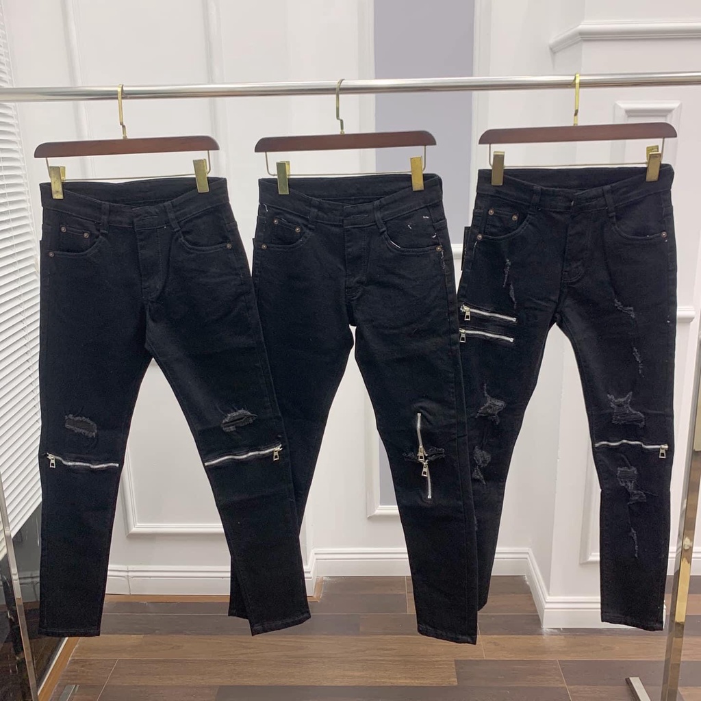 Quần Jean Nam Amiri Đen Rách Thêu Khoá Zip Đùi Gối New Cực Chất