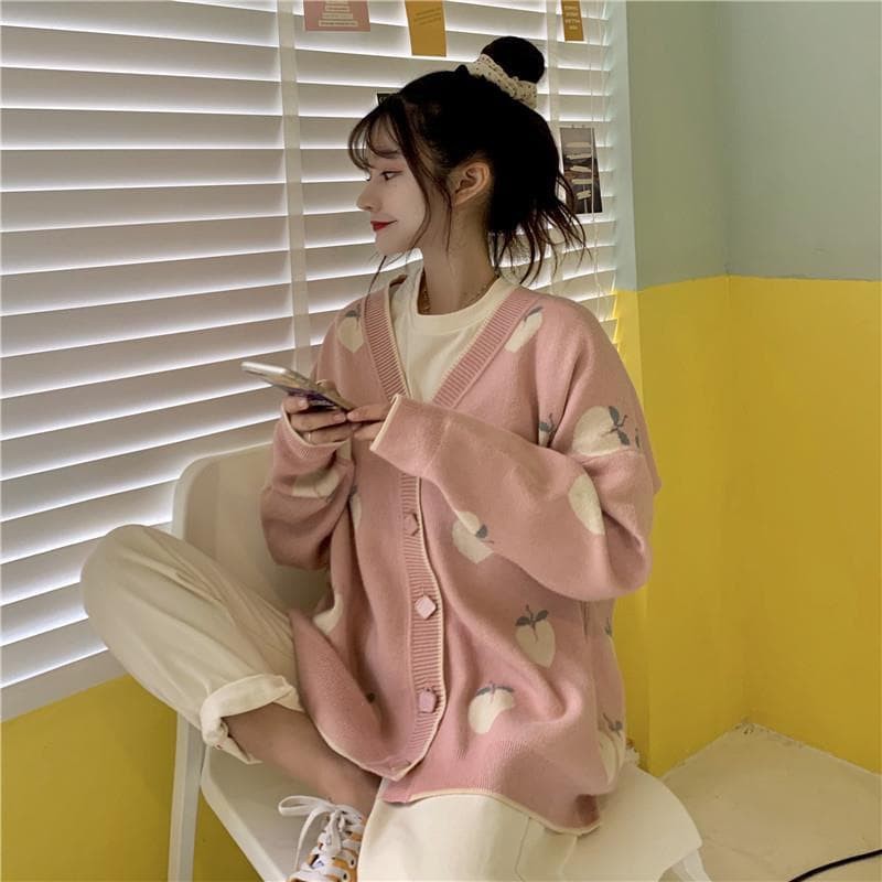 (Sẵn) Áo cardigan len họa tiết quả đào tông màu pastel dễ thương trẻ trung nữ ...