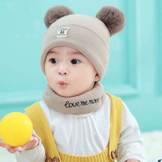 Set khăn mũ 2 quả bông cho bé