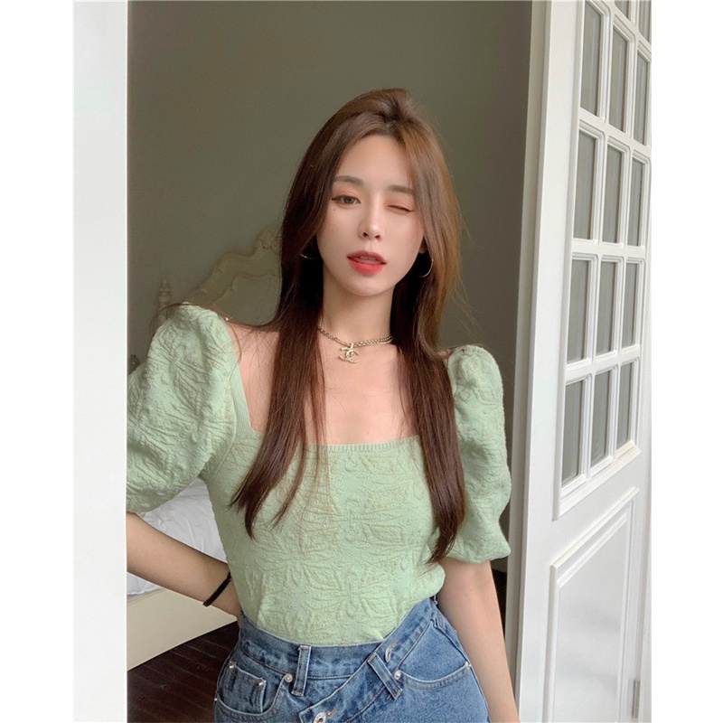 QADCOL  Áo Croptop Dệt Kim Tay Ngắn Phồng Thiết Kế Dễ Thương