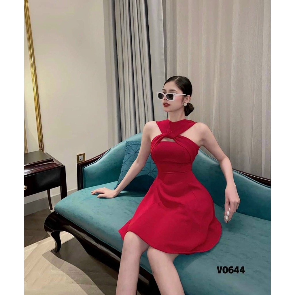 [ Miễn phí ship 2022] Đầm umi cổ yếm xoắn ngực có mút, váy xoè ôm eo thiết kế dự tiệc sang trọng nhiều màu