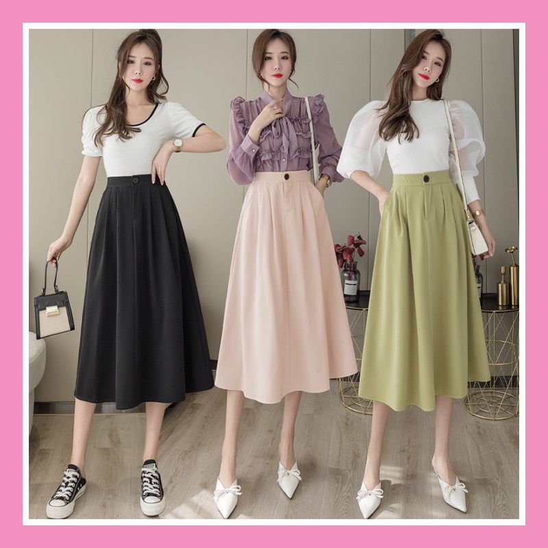 Chân váy dài Ulzzang chữ A Midi công sở xòe qua gối có BIGSIZE chun sau phong cách trẻ trung đi làm đi chơi CV44