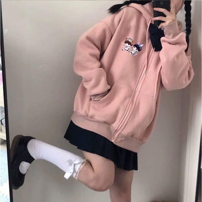 áo khoác nỉ hoodies kéo khoá Duffy dáng rộng, màu hồng và tím