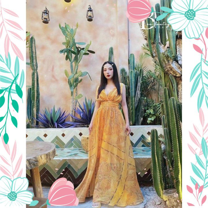 Đầm Maxi Đi Biển Cổ V Họa Tiết Đẹp Cho Nàng | BigBuy360 - bigbuy360.vn