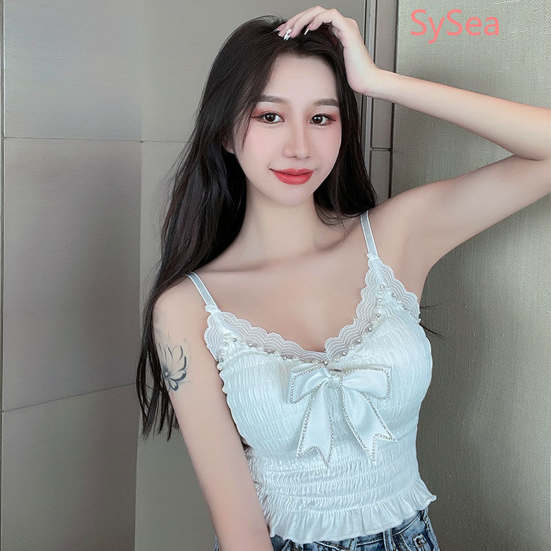 Áo hai dây dáng ôm cổ chữ V đính ngọc trai nhân tạo thời trang mùa hè