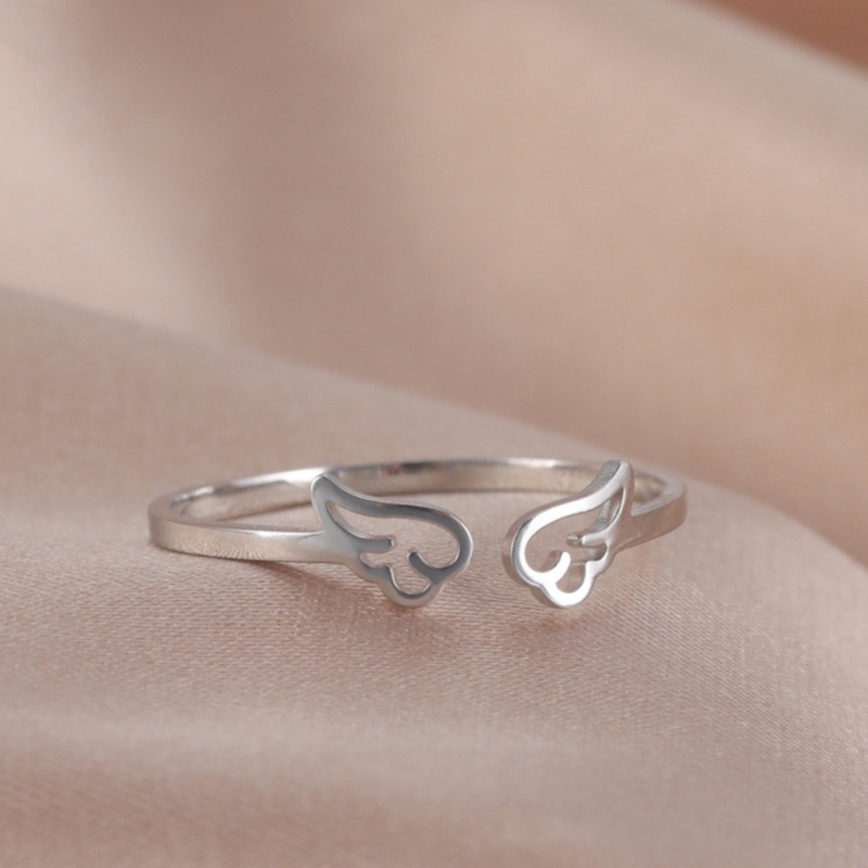 Set 2 Nhẫn Đôi Cánh Thiên Thần Sáng Bóng Bằng Thép Không Gỉ Có Thể Điều Chỉnh