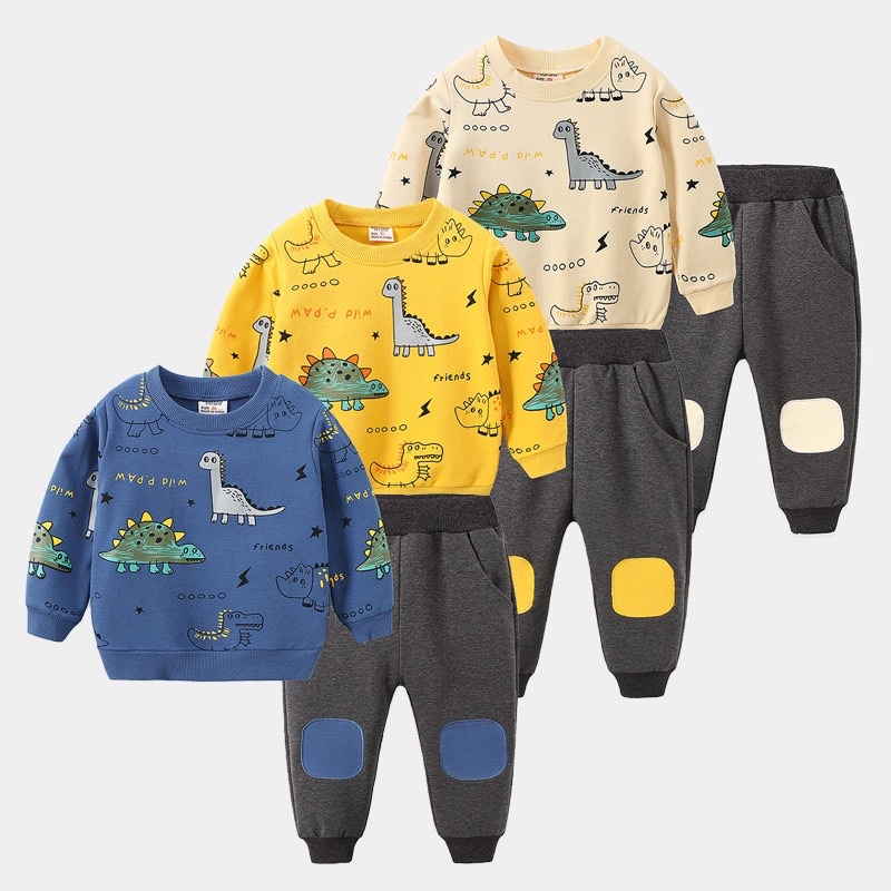 Bộ nỉ bé trai WELLKIDS bộ dài tay cho bé chất nỉ da cá hoạ tiết khủng long (tz0487)
