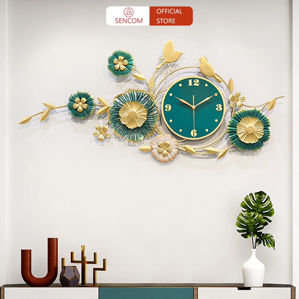 Đồng hồ treo tường phòng khách SENCOM, đồng hồ trang trí decor màu xanh nghệ thuật - 2907