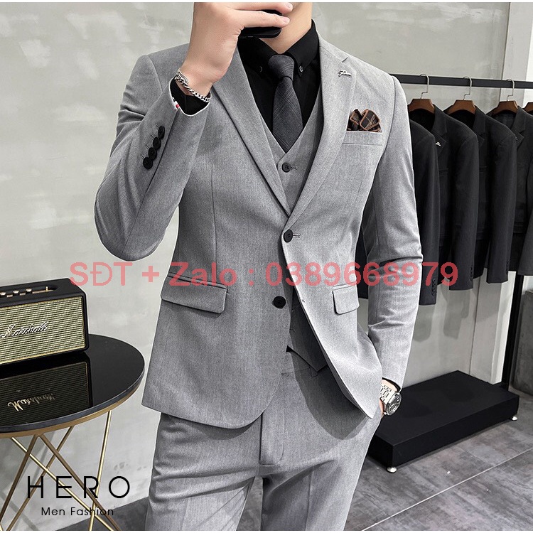 Bộ Vest Nam Cao Cấp Màu Ghi Xám, Bộ Suit Nam Hàn Quốc Chất Vải Sịn, Fom Ôm Đẹp