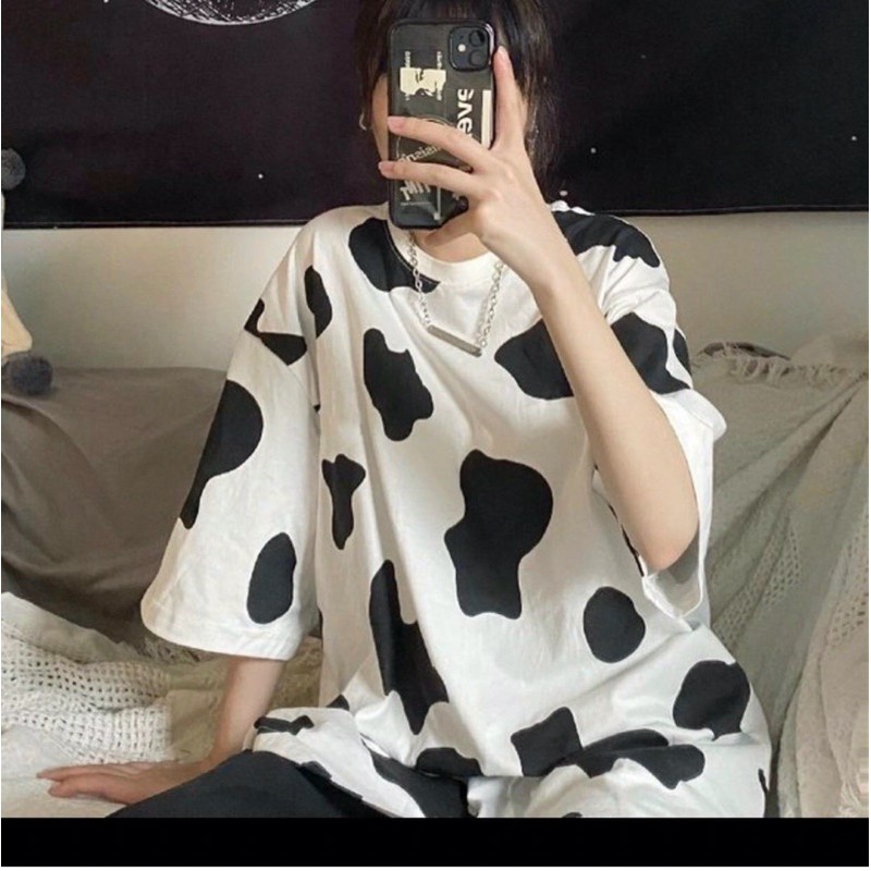 Áo thun tay lỡ form rộng bò sữa unisex