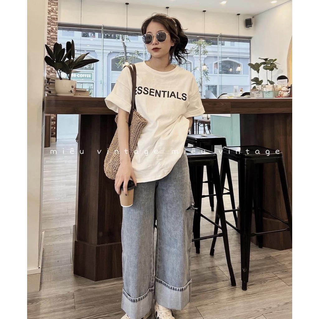 Áo thun phông Nữ nam tay lỡ đẹp form rộng HANOVA chất liệu cotton in chữ ESSENTIAL