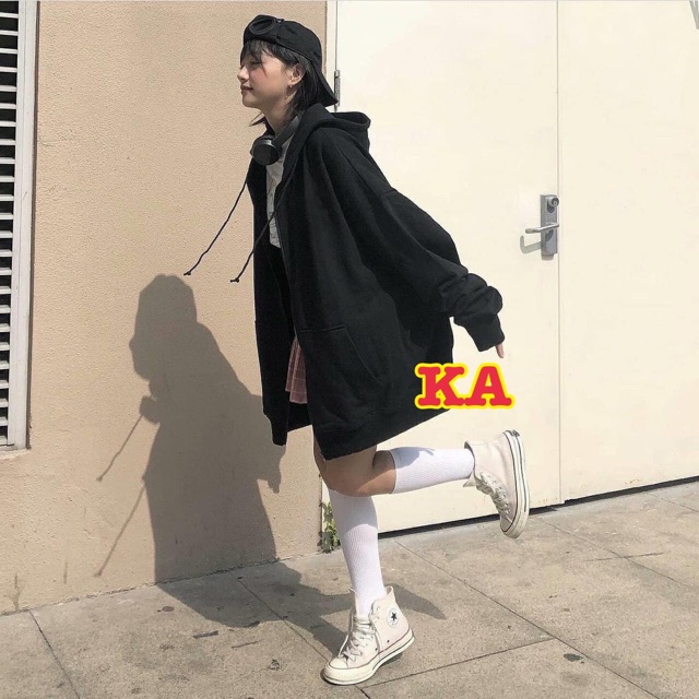 Áo khoác nỉ mũ thụng rộng tay to dài rộng khoá kéo